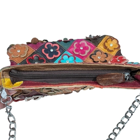 Multi-colored 3D Floral Leather Rhinestone Shoulder Bag Clutch Bag - Picture 9 of 16
